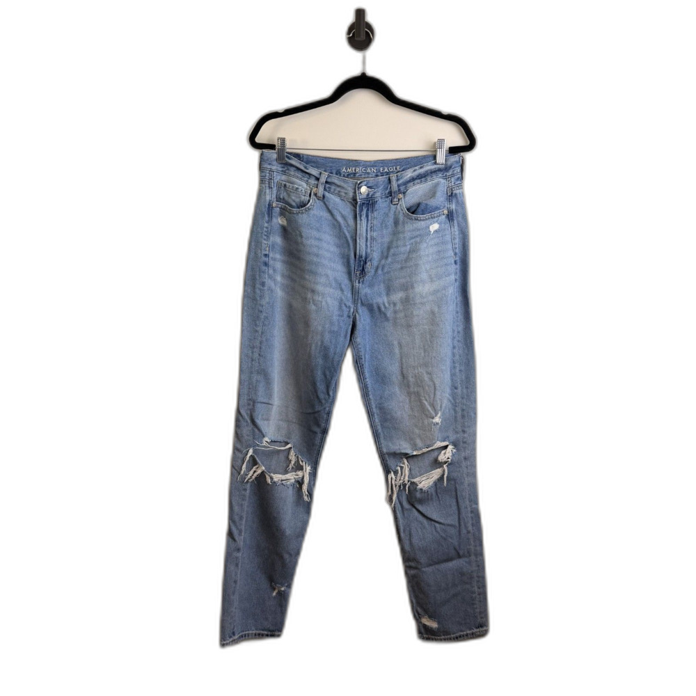 American Eagle Women’s Mom Jeans Size 10 Long Light Wash Distressed Denim